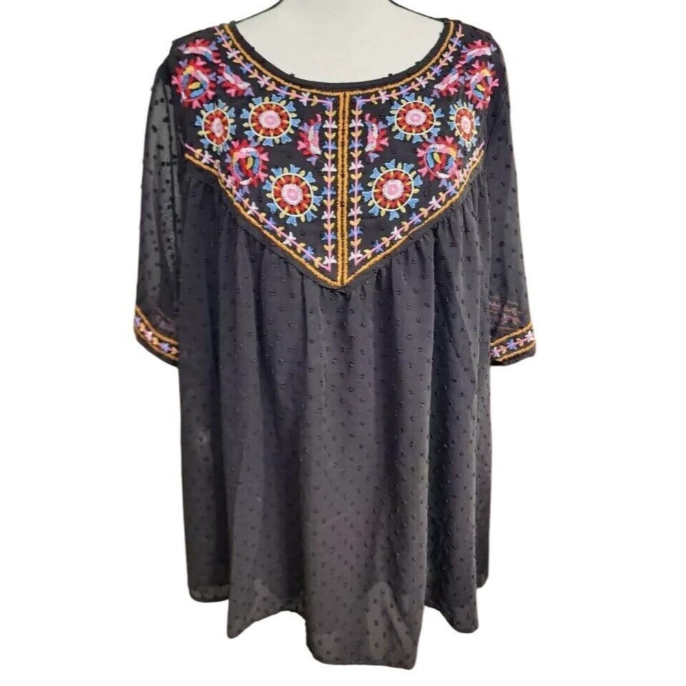 Embroidered Lined Black Size 2XL Top Shein Boho Hippie